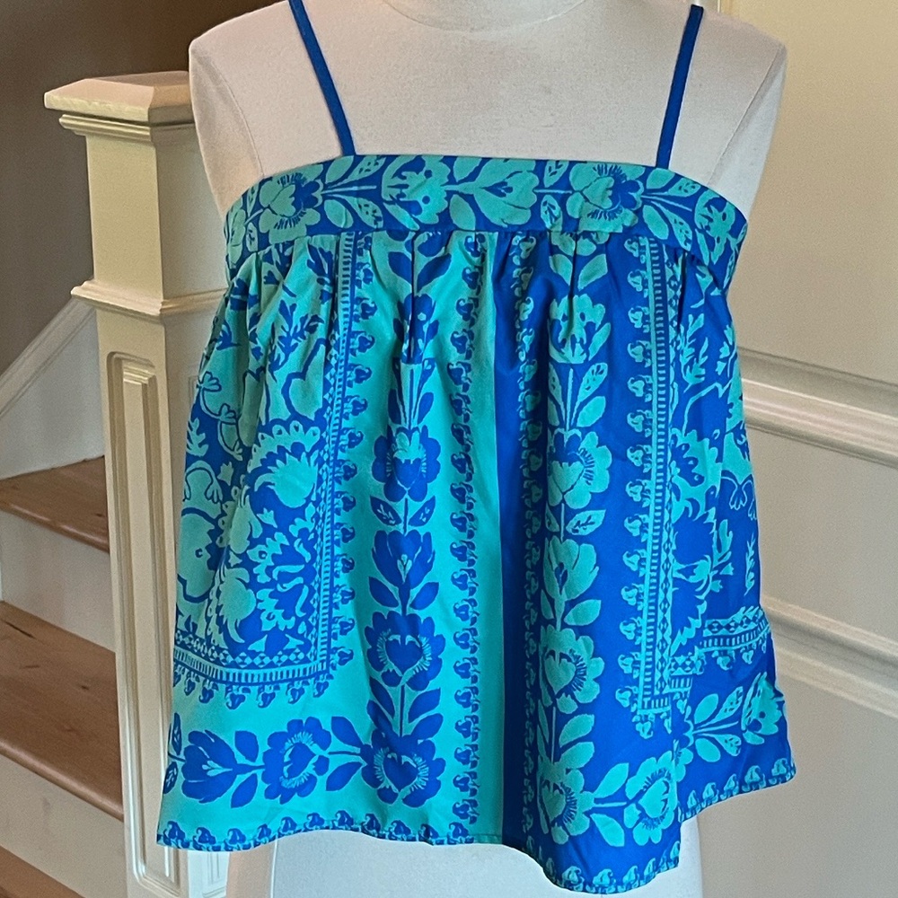 Spaghetti Strap Blue Green Floral Print Flowy Top New